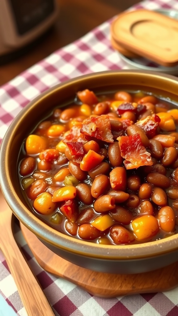 A bowl of hearty baked beans with bacon and vegetables on a rustic table.